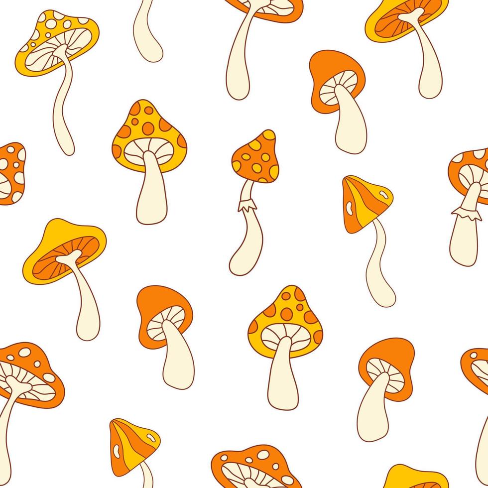 joli motif harmonieux de champignons groovy isolés sur fond blanc. imprimé vintage rétro hippie dans le style des années 70, 80. illustration vectorielle vecteur