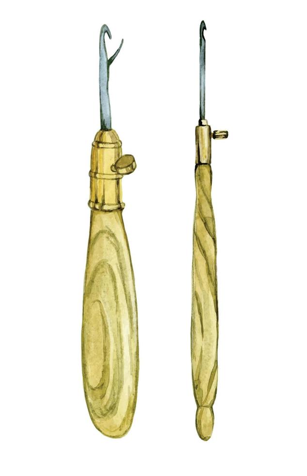 clipart aquarelle. outils de broderie de tapis. outil d'aiguille de poinçon. isolés sur des éléments de fond blanc pour la broderie, la couture. vecteur