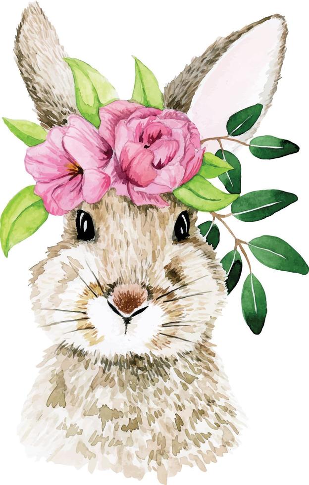 jolie illustration aquarelle avec lapin de pâques. dessin réaliste d'un lapin, lièvre aux fleurs printanières. symbole de pâques, printemps. joli dessin pour les enfants. décoration pour cartes postales, clip art vecteur