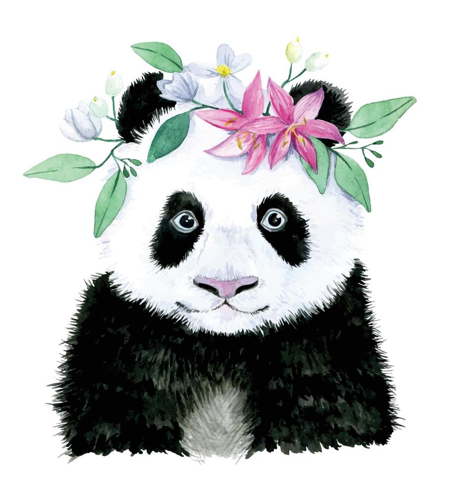 dessin à l'aquarelle. mignon petit panda avec une couronne de fleurs et de feuilles portrait. dessin animé pour enfants. clipart isolé sur fond blanc vecteur