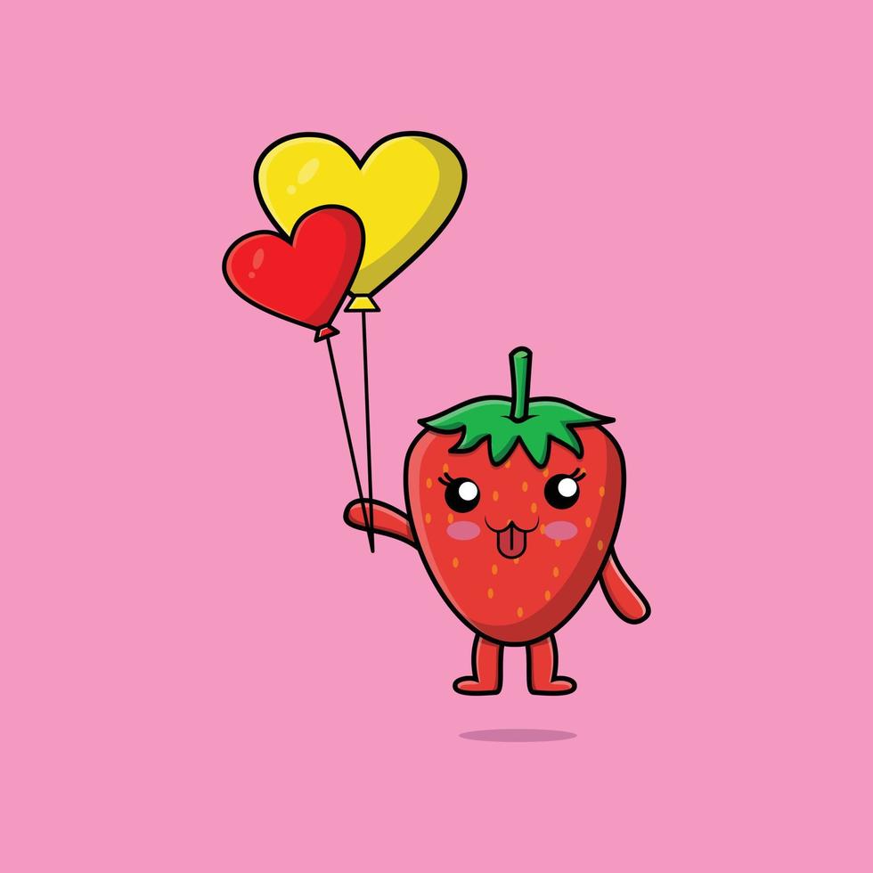 fraise de dessin animé mignon flottant avec ballon d'amour vecteur