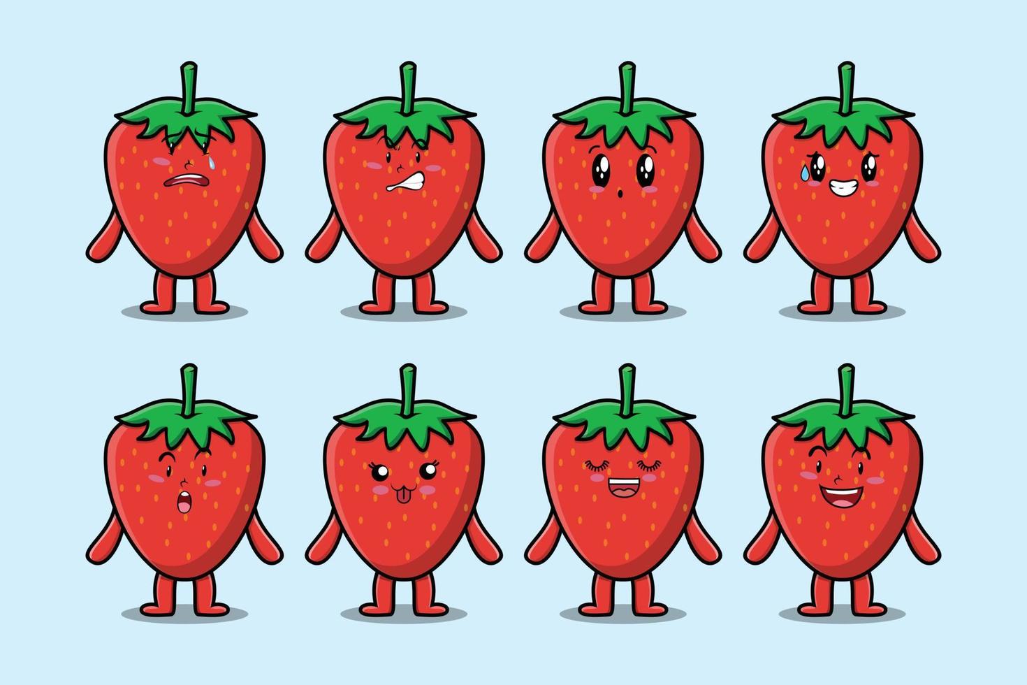 définir kawaii fraise dessin animé avec des expressions vecteur