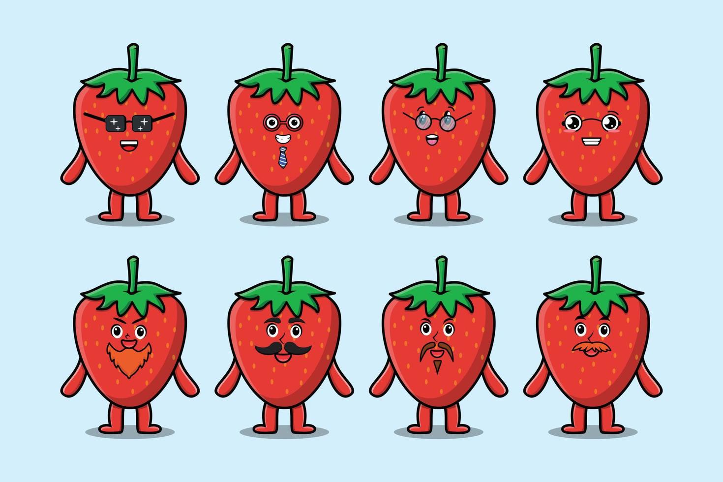 définir kawaii fraise dessin animé avec des expressions vecteur