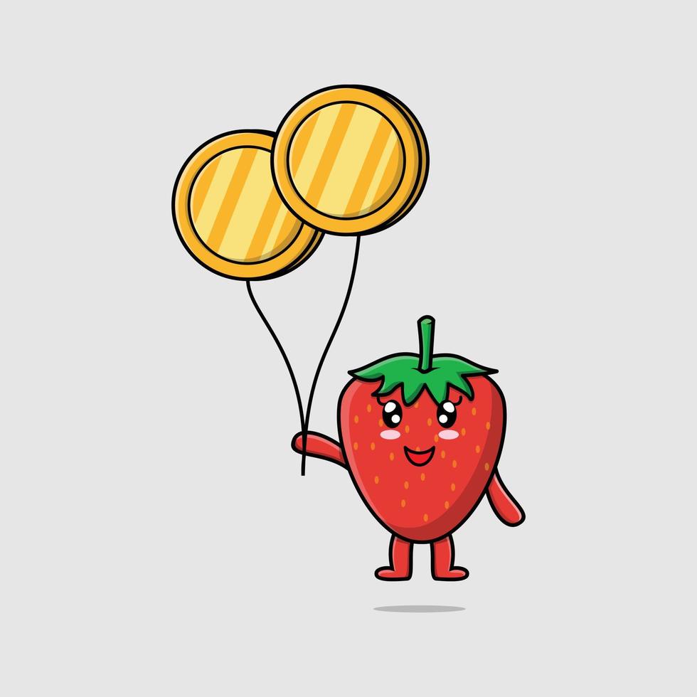 dessin animé fraise flottant avec ballon de pièce d'or vecteur