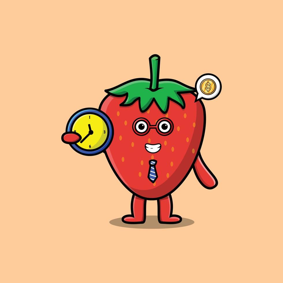 mignon, dessin animé, fraise, caractère, tenue, horloge vecteur