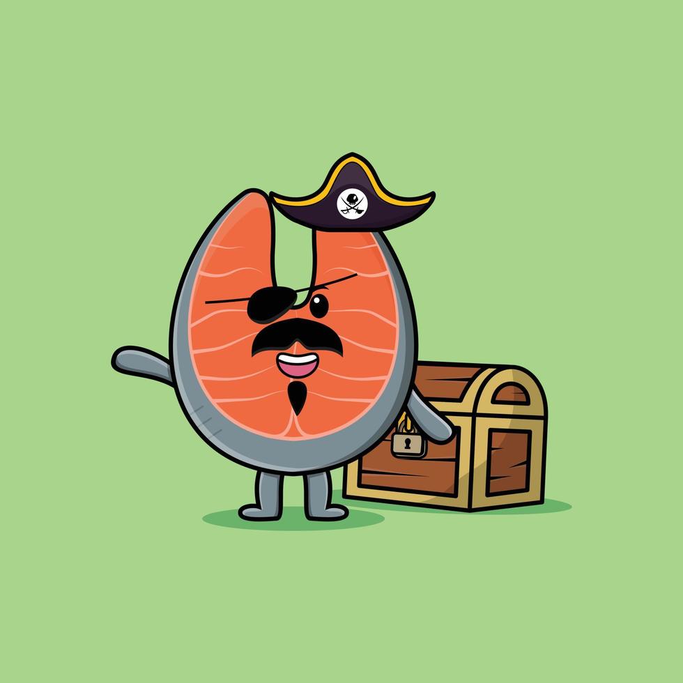 pirate de saumon frais de dessin animé mignon avec boîte au trésor vecteur