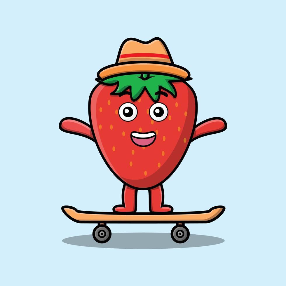 fraise de dessin animé mignon debout sur une planche à roulettes vecteur
