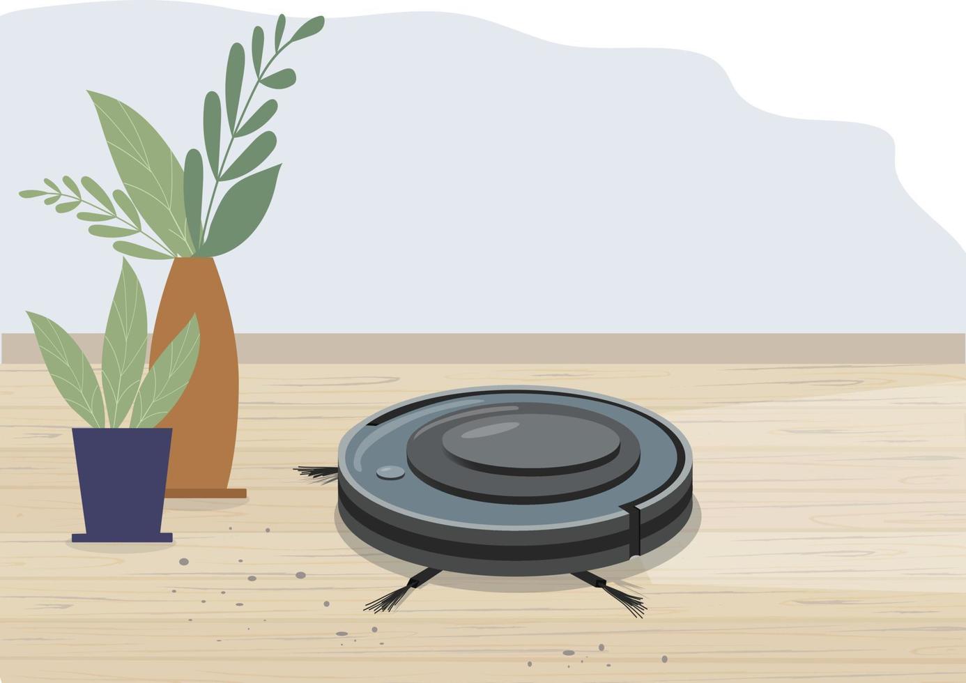 aspirateur robot intelligent dans un salon moderne. parquet, sol stratifié et plantes en pot. appareils électroménagers intelligents modernes pour le nettoyage de l'appartement vecteur