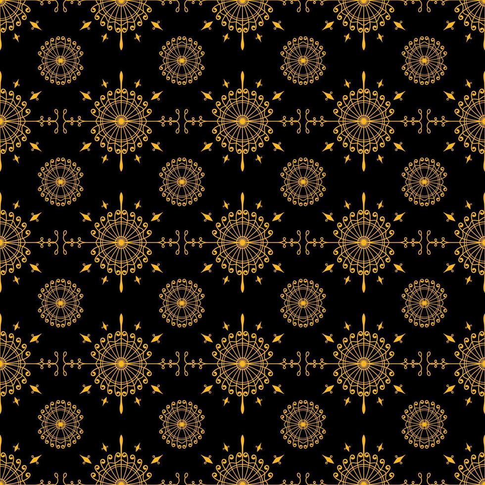 motif d'ornement de fleur jaune sur fond noir. style unique, élégant, répété, ligne et mandala. convient aux arrière-plans, tissus, papiers peints, textiles et décorations vecteur