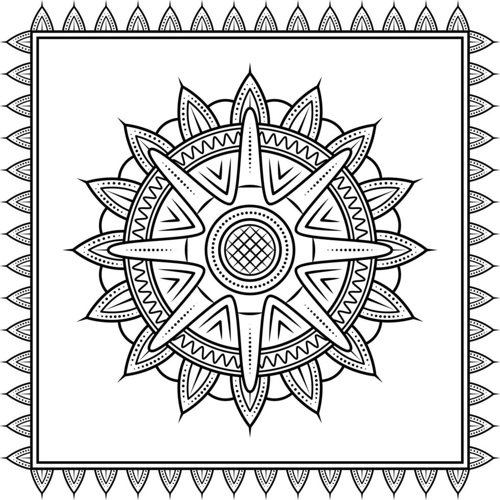 ornement de mandala fleur avec cadre carré. art, ligne, silhouette, style créatif et unique. convient au symbole, au signe, à la décoration, au carrelage, à l'impression, au papier peint, à la carte, aux voeux, au mariage et au textile vecteur