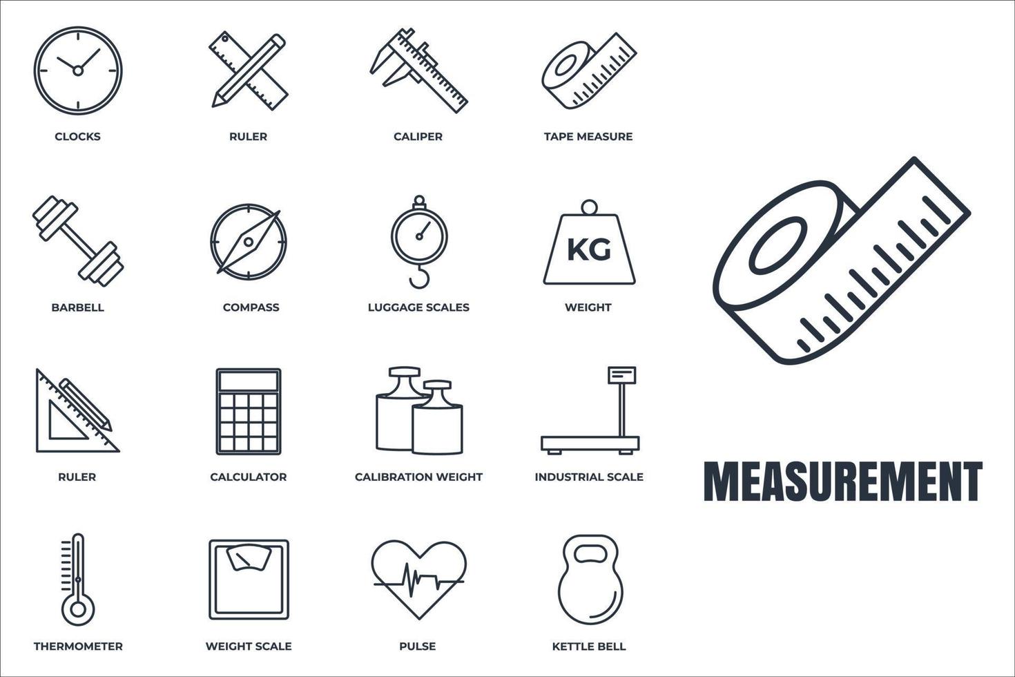 ensemble d'illustration vectorielle de mesure icône logo. mesure, symbole du pack de mesure. cloche de bouilloire, règle, échelle de poids et plus de modèles pour la collection de conception graphique et web vecteur