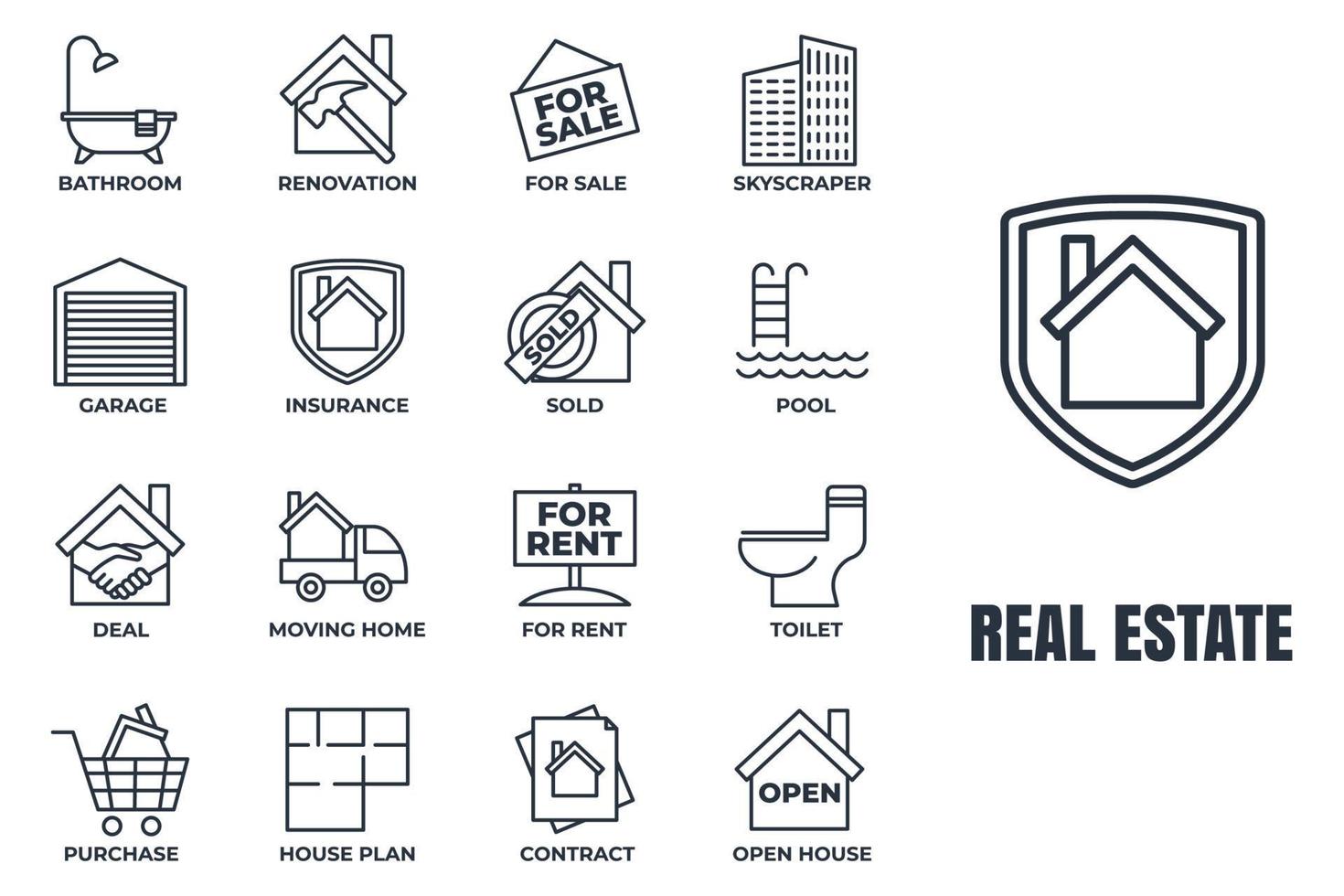 ensemble d'illustration vectorielle de logo icône immobilier. modèle de symbole de pack de maison. piscine, contrat, affaire, à louer, rénovation et plus pour la collection de conception graphique et web vecteur