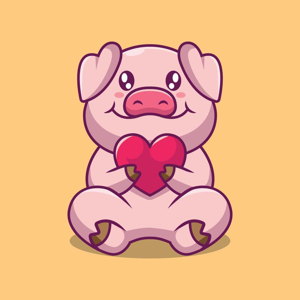 cochon mignon tenant illustration de dessin animé d'amour vecteur