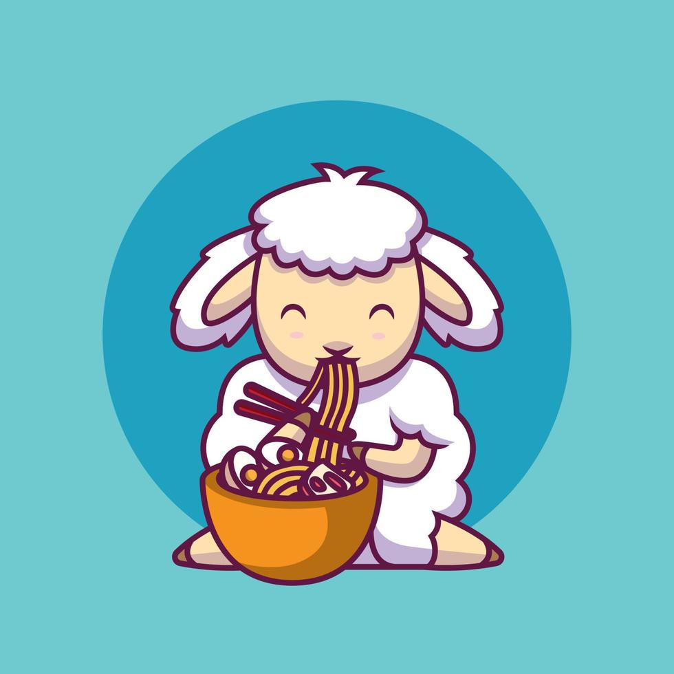 mouton mignon mangeant des nouilles ramen avec illustration de dessin animé de baguettes vecteur