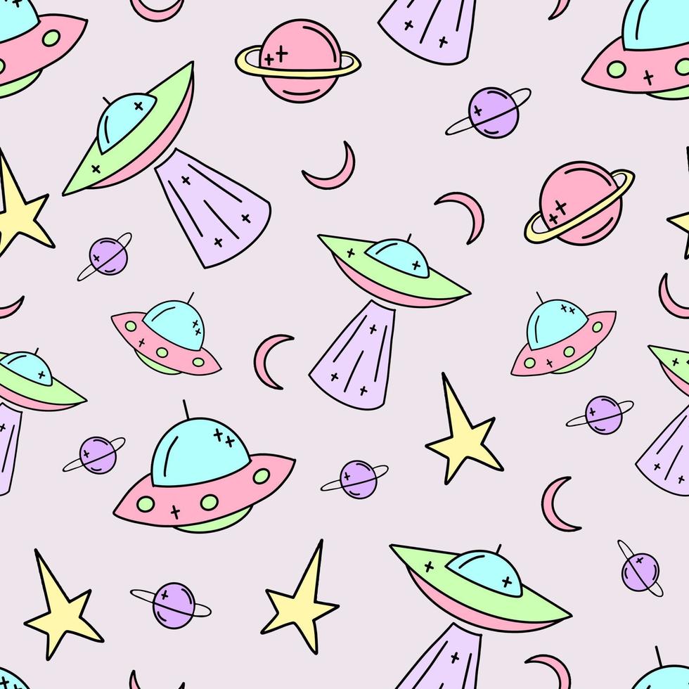 vecteur de modèle pour enfants sans couture ufo. illustration de galaxie en style cartoon.