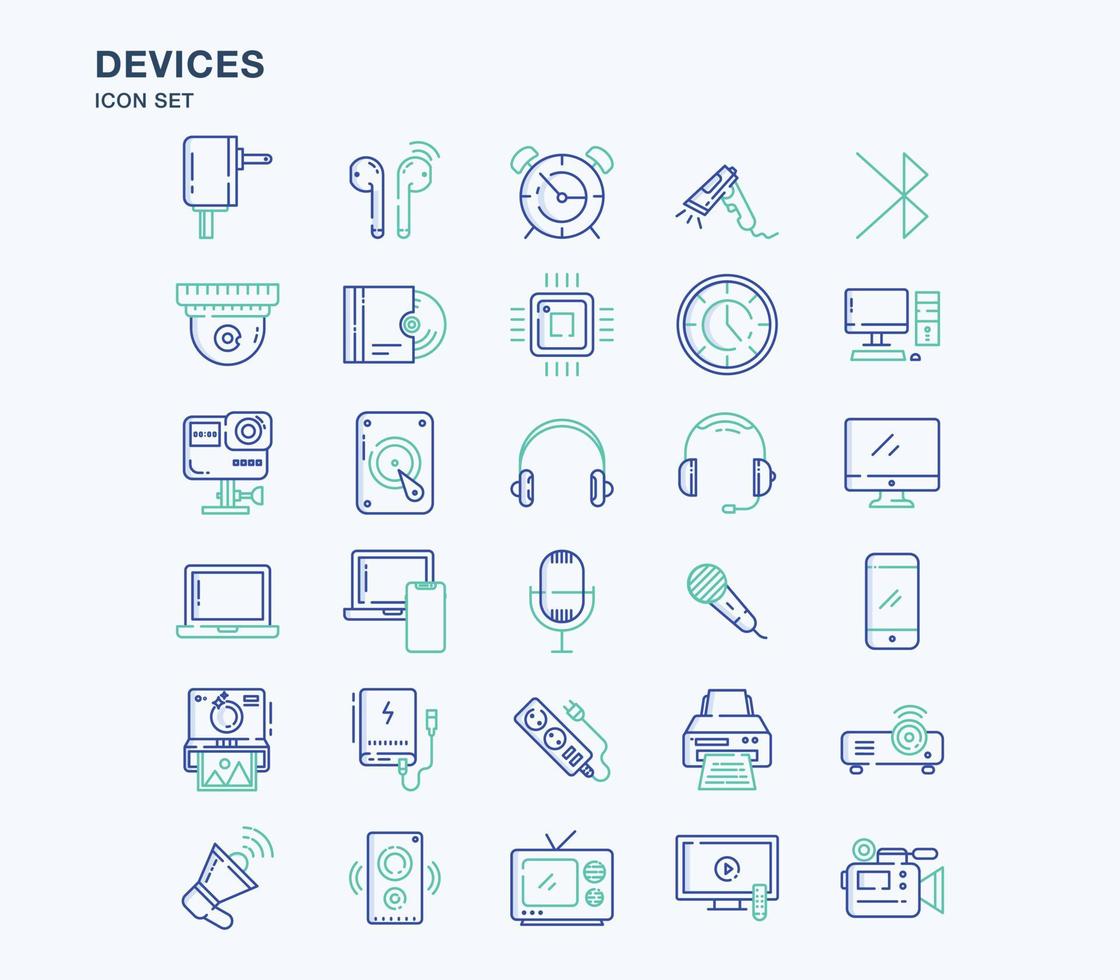 les appareils et les gadgets décrivent le jeu d'icônes colorées vecteur