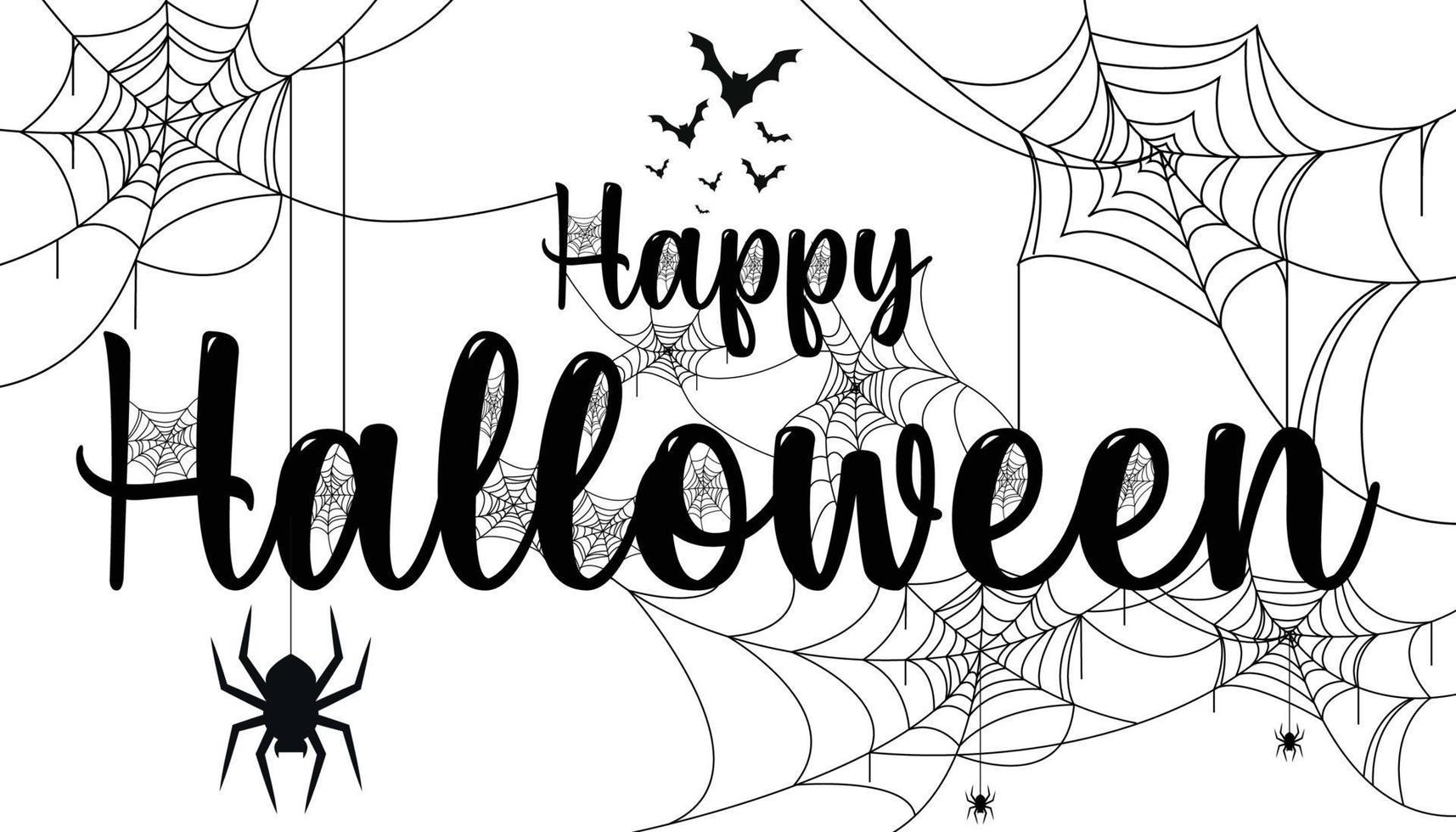 joyeux halloween lettrage. calligraphie manuscrite avec toile d'araignée et chauves-souris pour cartes de voeux, affiches, bannières, dépliants et invitations. joyeux halloween texte, fond de vacances vecteur