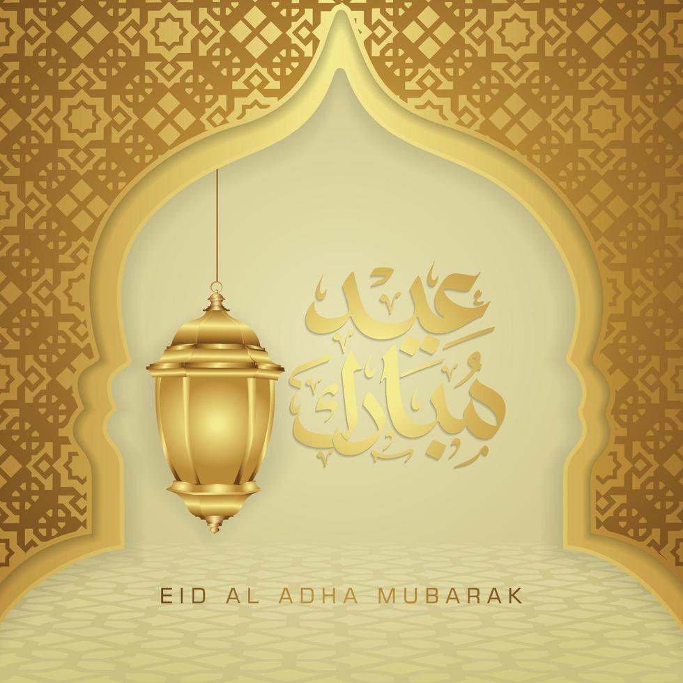 design luxueux et élégant eid al adha salutation avec couleur or sur calligraphie arabe, croissant de lune, lanterne et mosquée de porte texturée. illustration vectorielle. vecteur