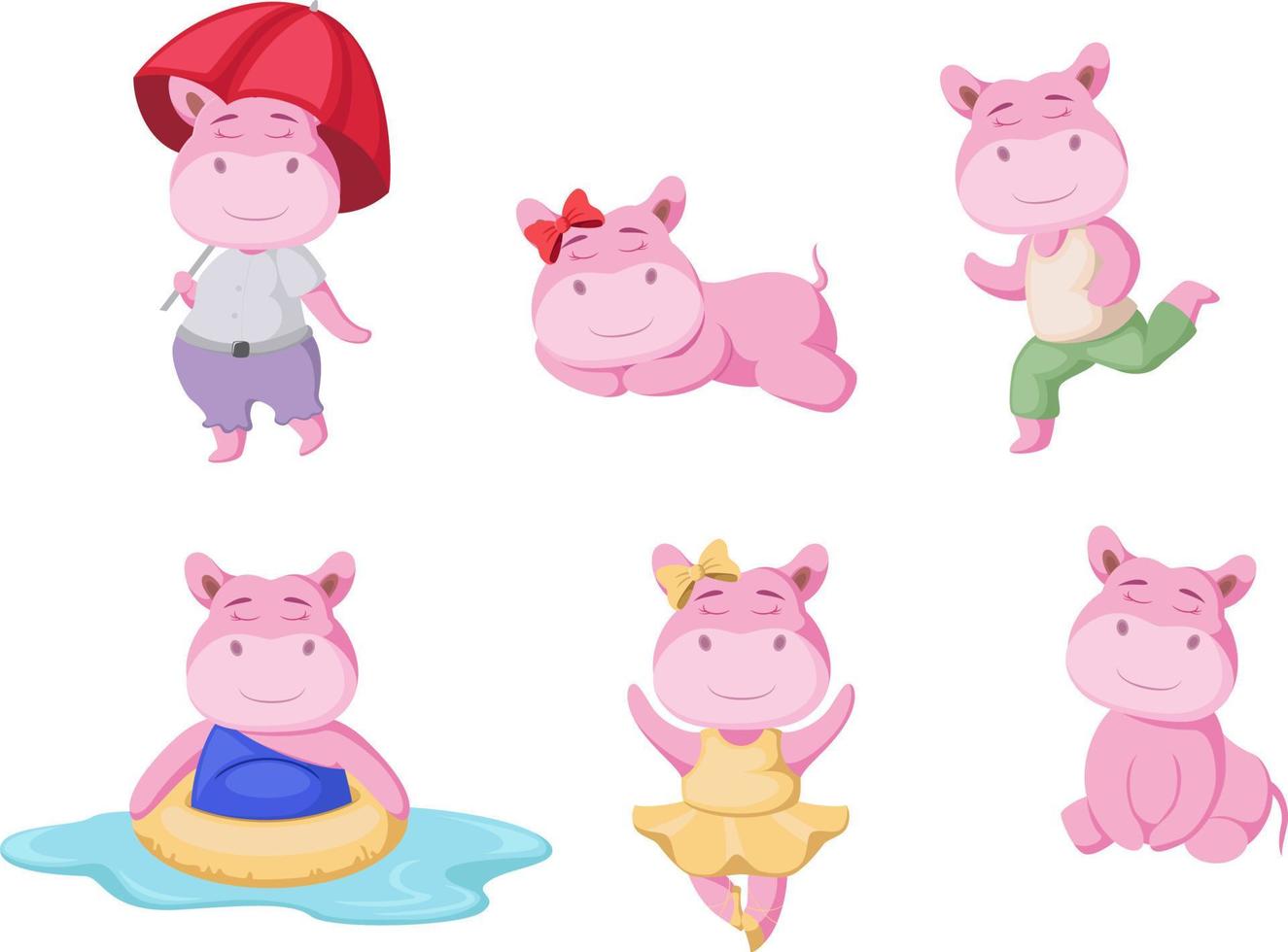 jolie collection de dessins animés d'hippopotames avec différentes activités vecteur