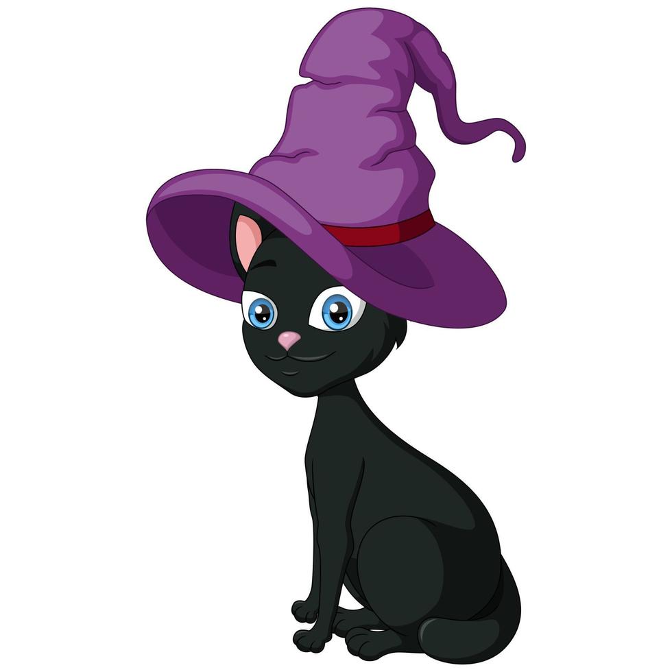 dessin animé mignon chat noir dans un chapeau d'halloween vecteur