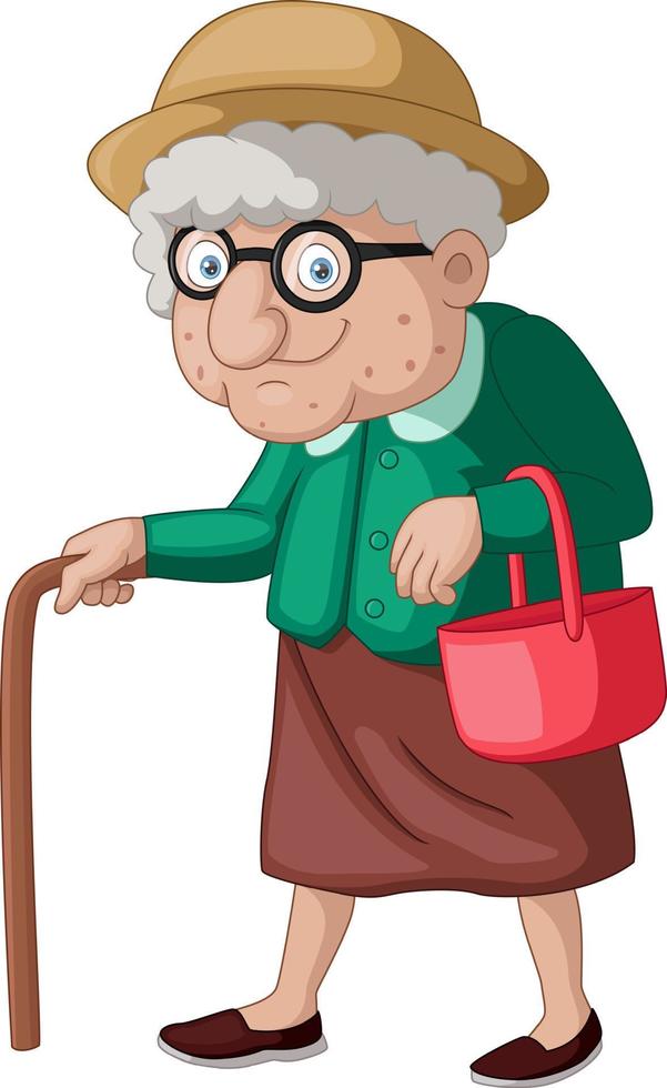 dessin animé mignon vieille femme avec une canne vecteur