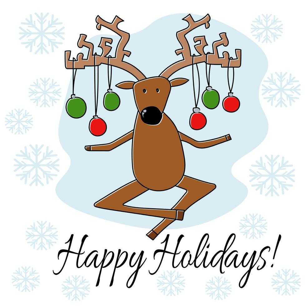 carte de voeux joyeuses fêtes avec cerf positif dans un style doodle avec des boules de noël sur les cornes vecteur
