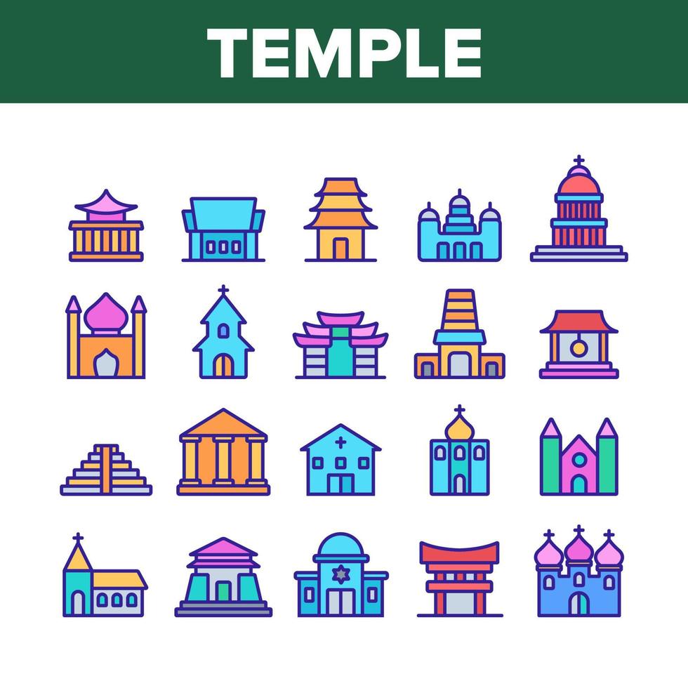 temple, architecture, bâtiment, icônes, ensemble, vecteur