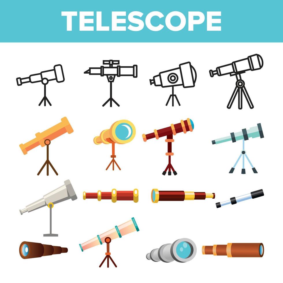 vecteur de jeu d'icônes de télescope. outil de découverte de spyglass. instrument d'agrandissement de la science de l'astronomie. univers d'apprentissage. lentille d'observation du planétarium. ligne, illustration plate