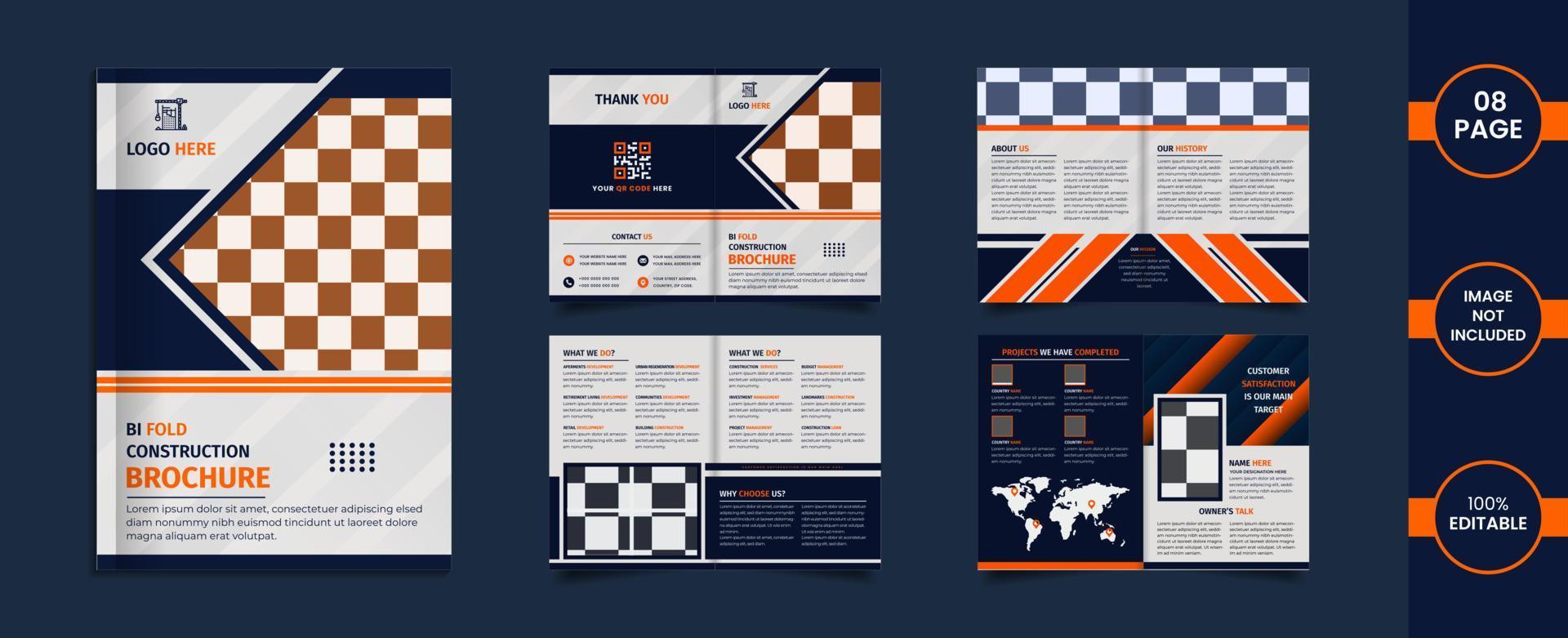 conception de brochure pliante de 8 pages de construction avec des formes et des informations abstraites de couleur orange et bleue. vecteur