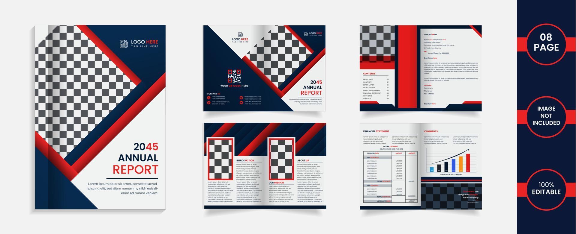 conception de brochures à deux volets Web de 8 pages avec des formes abstraites et des informations de couleur bleu foncé et rouge. vecteur