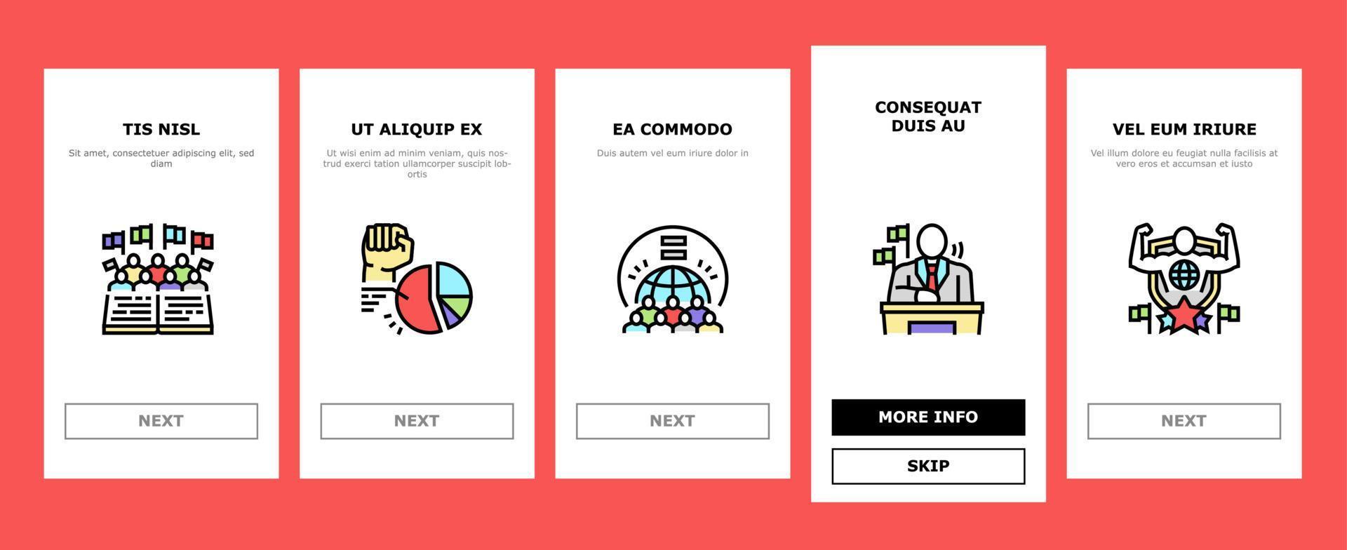 démocratie gouvernement politique onboarding icons set vector