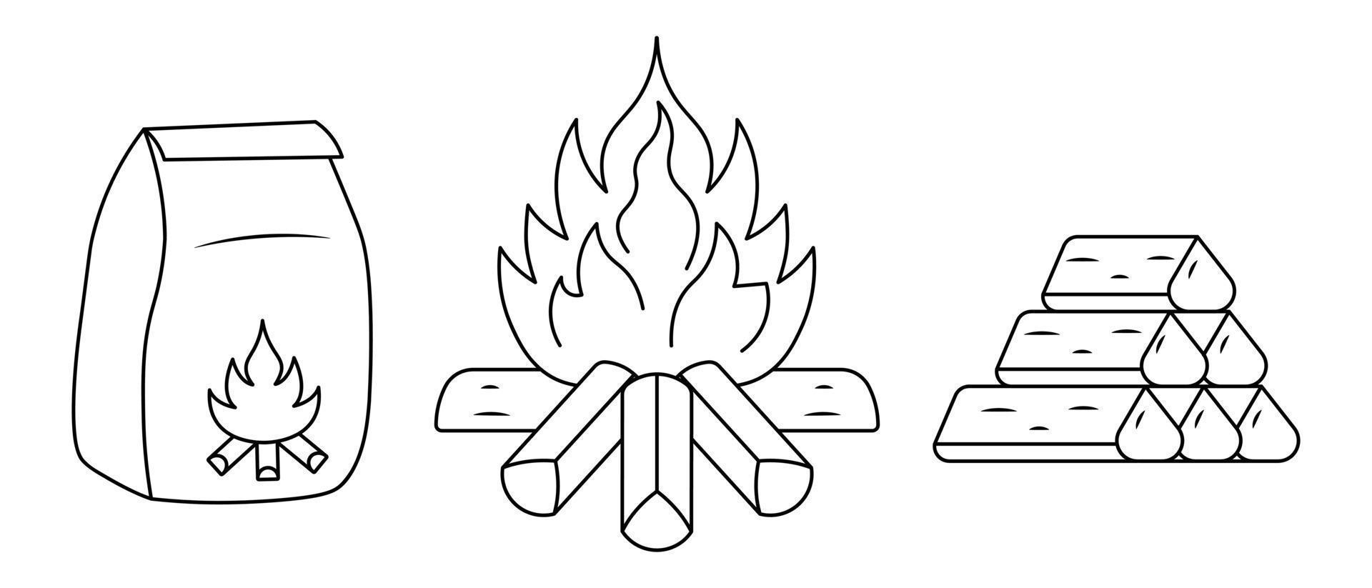 charbon pour un feu dans un sac en papier, un feu et du bois de chauffage. esquisser. matériel pour l'allumage d'un brasier. ensemble d'illustrations vectorielles. style de griffonnage. une flamme chaude de feu et des bûches sont empilées dans une pyramide. vecteur