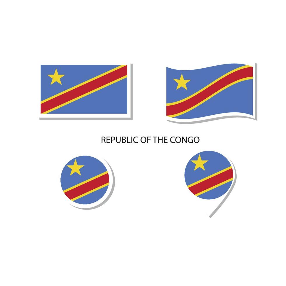 ensemble d'icônes du logo du drapeau de la république du congo, icônes plates rectangulaires, forme circulaire, marqueur avec drapeaux. vecteur