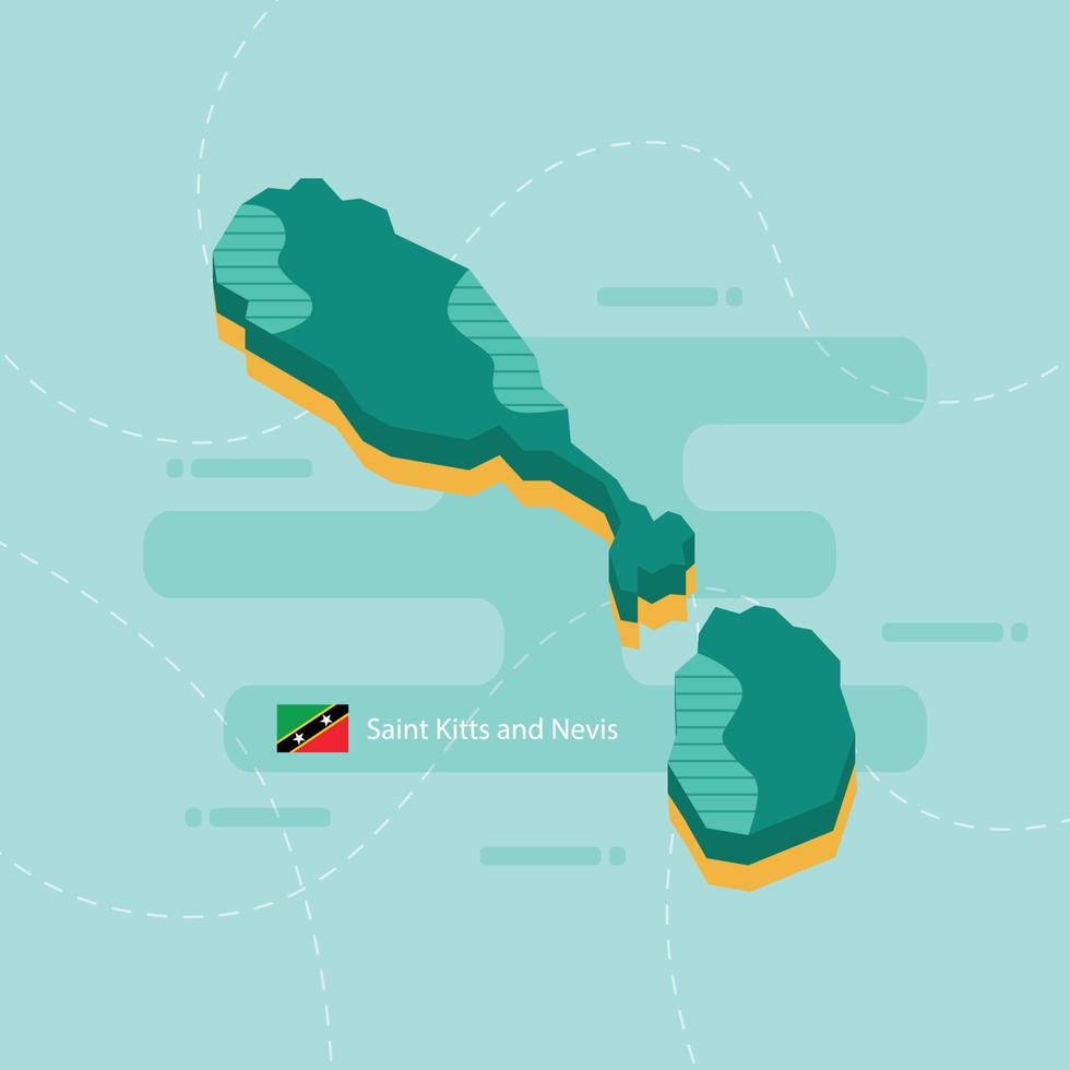 Carte vectorielle 3d de saint kitts et nevis avec le nom et le drapeau du pays sur fond vert clair et tiret. vecteur