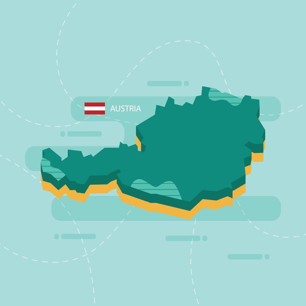 Carte vectorielle 3D de l'Autriche avec le nom et le drapeau du pays sur fond vert clair et tiret. vecteur