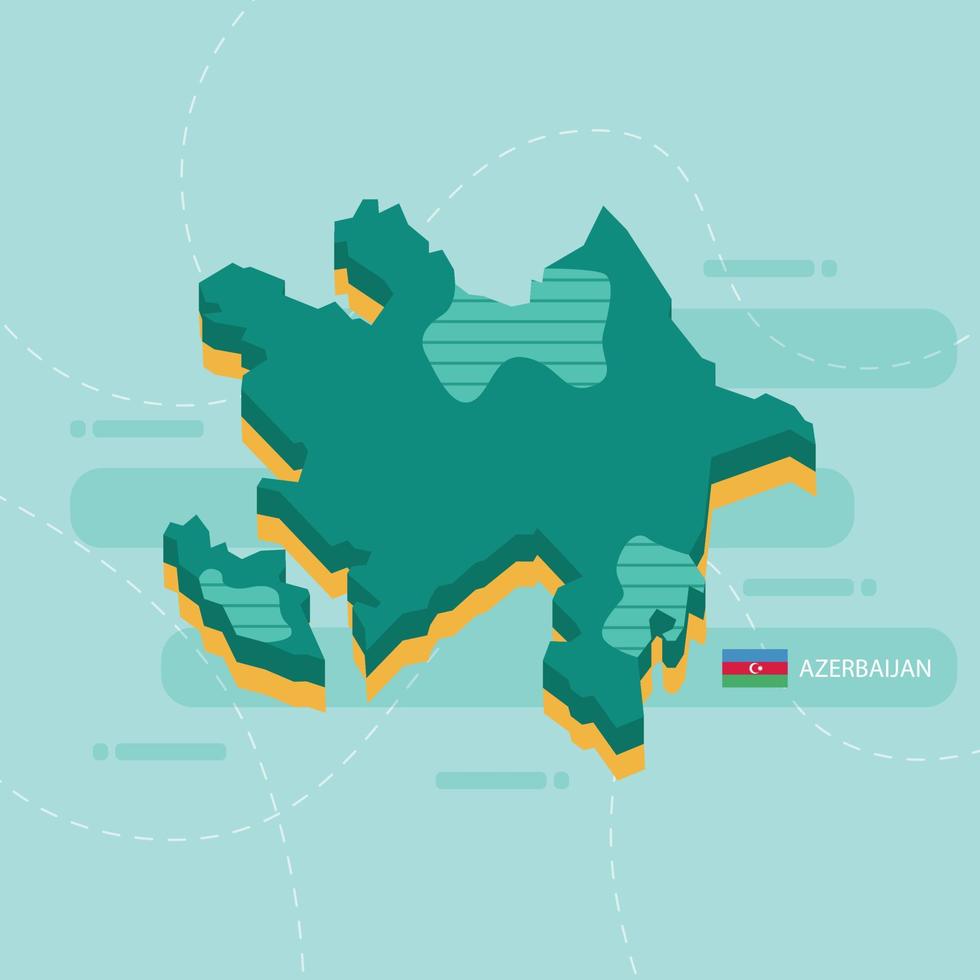 Carte vectorielle 3D de l'Azerbaïdjan avec le nom et le drapeau du pays sur fond vert clair et tiret. vecteur