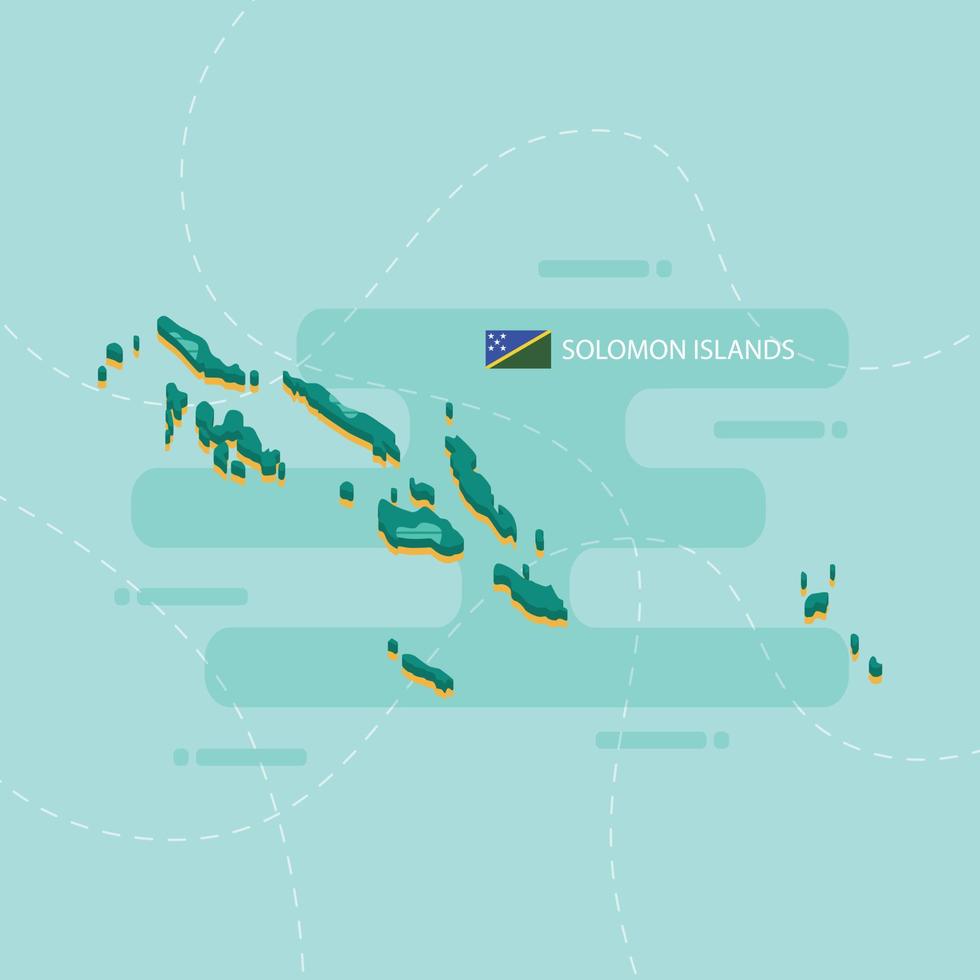 carte vectorielle 3d des îles salomon avec le nom et le drapeau du pays sur fond vert clair et tiret. vecteur