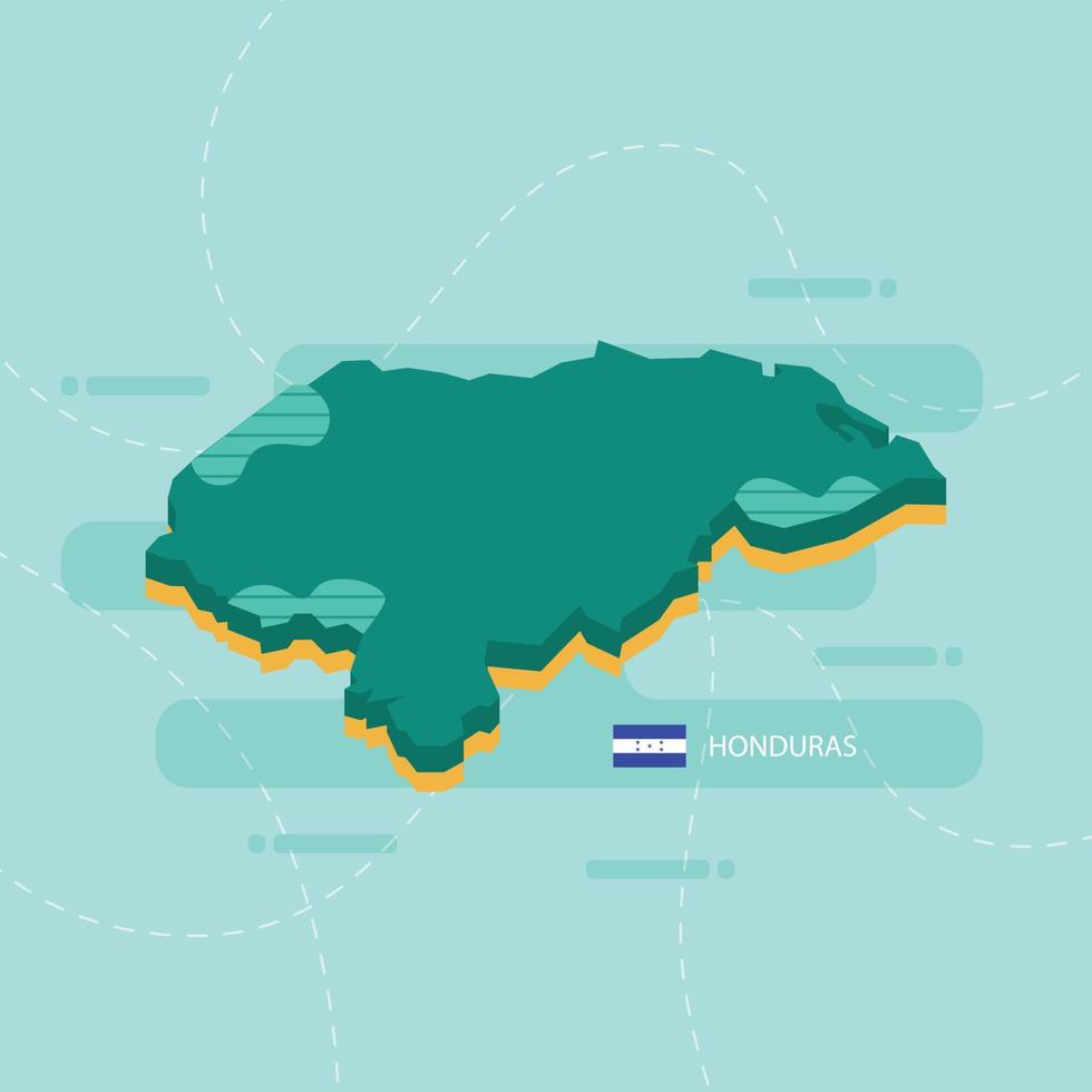carte vectorielle 3d du honduras avec le nom et le drapeau du pays sur fond vert clair et tiret. vecteur