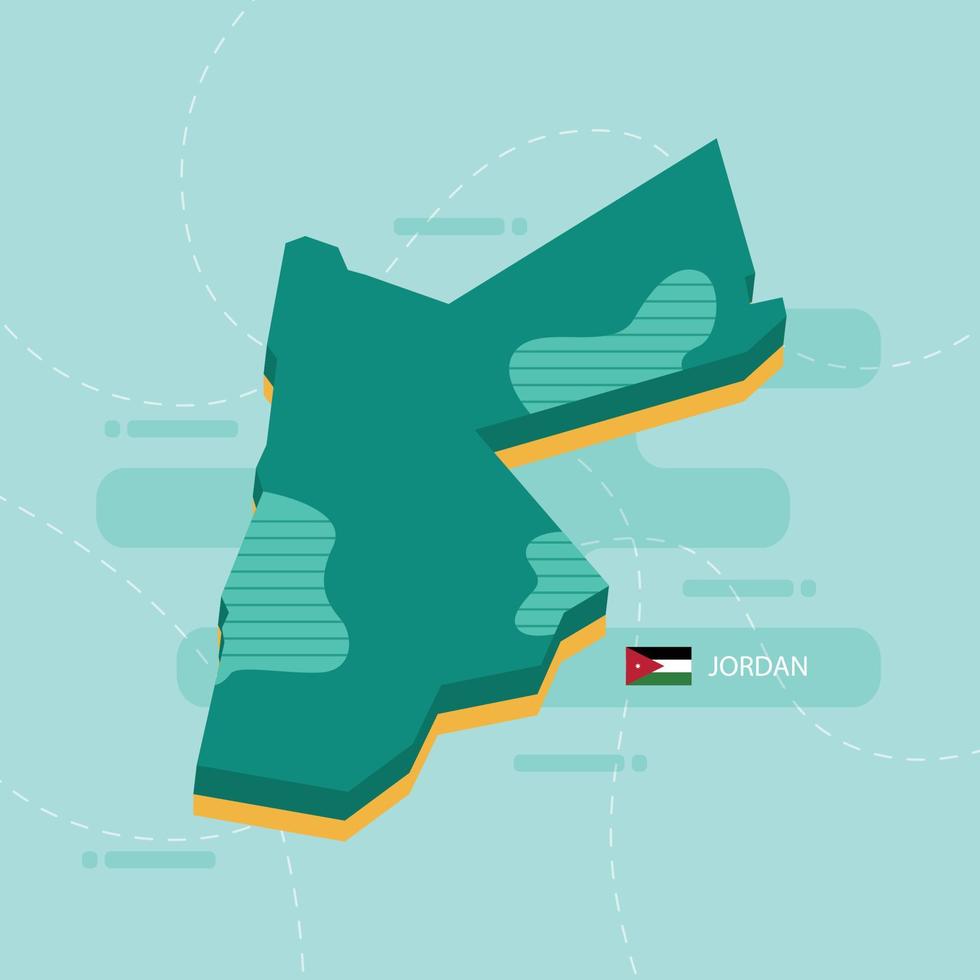 carte vectorielle 3d de la jordanie avec le nom et le drapeau du pays sur fond vert clair et tiret. vecteur