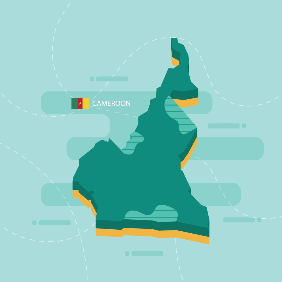 carte vectorielle 3d du cameroun avec le nom et le drapeau du pays sur fond vert clair et tiret. vecteur