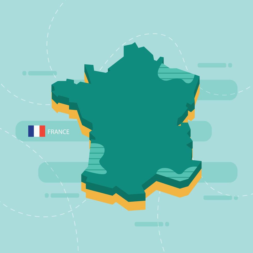 carte vectorielle 3d de la france avec le nom et le drapeau du pays sur fond vert clair et tiret. vecteur