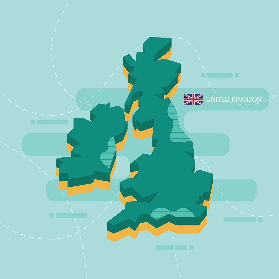 Carte vectorielle 3D du Royaume-Uni avec le nom et le drapeau du pays sur fond vert clair et tiret. vecteur