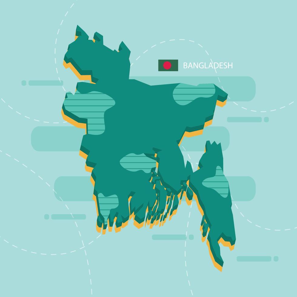 carte vectorielle 3d du bangladesh avec le nom et le drapeau du pays sur fond vert clair et tiret. vecteur