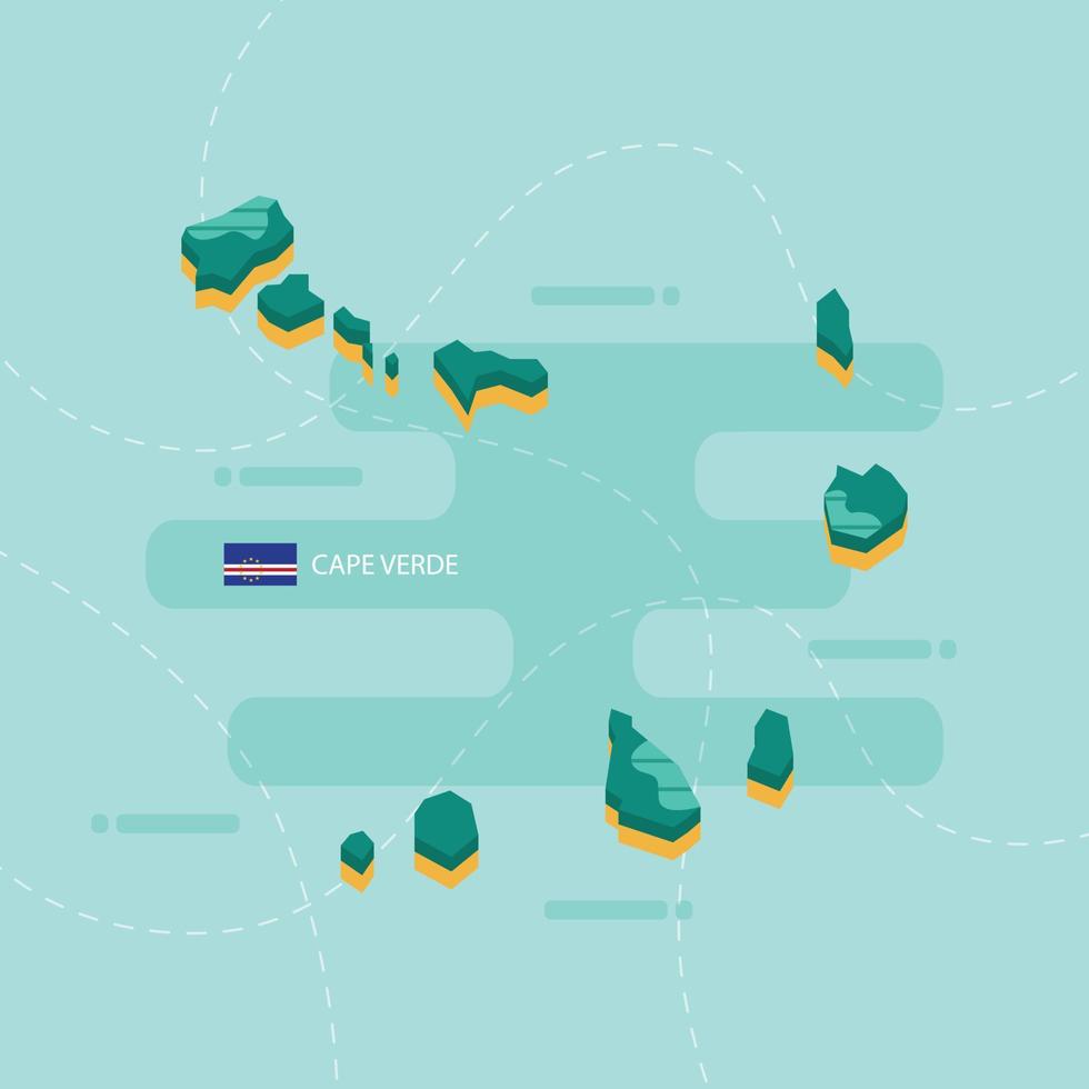 carte vectorielle 3d du cap-vert avec le nom et le drapeau du pays sur fond vert clair et tiret. vecteur