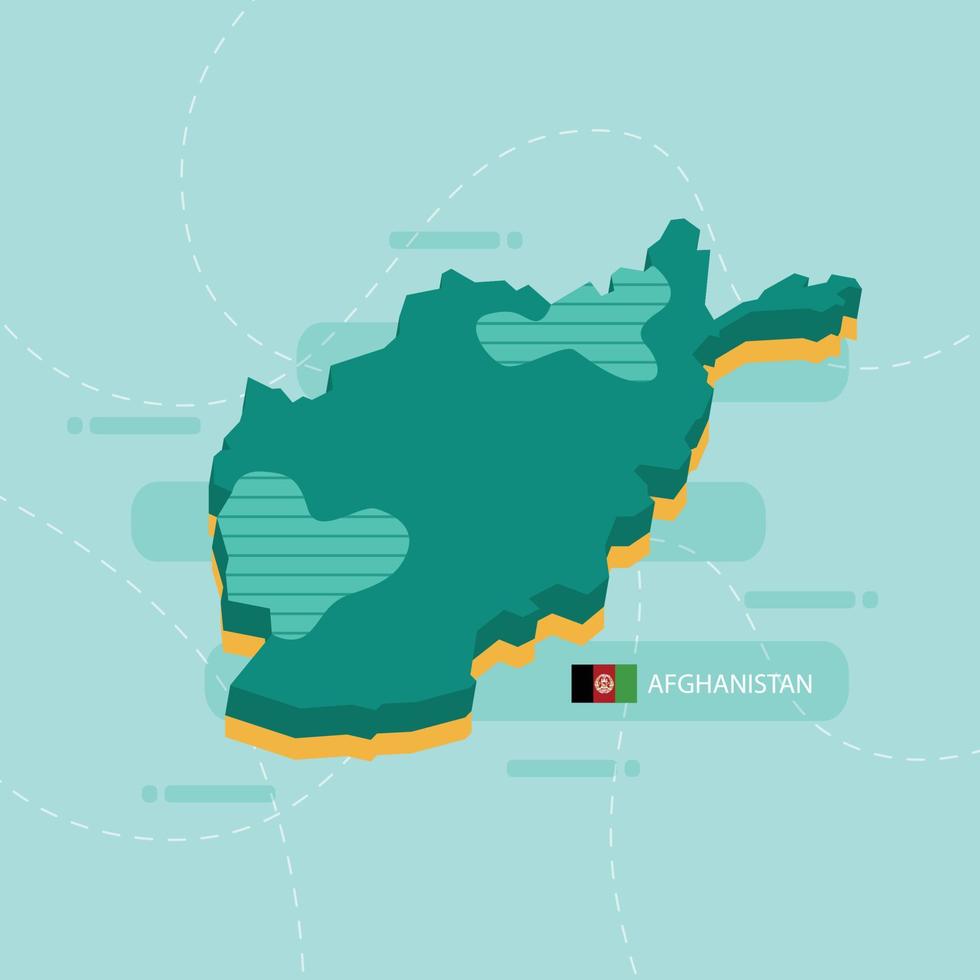 carte vectorielle 3d de l'afghanistan avec le nom et le drapeau du pays sur fond vert clair et tiret. vecteur