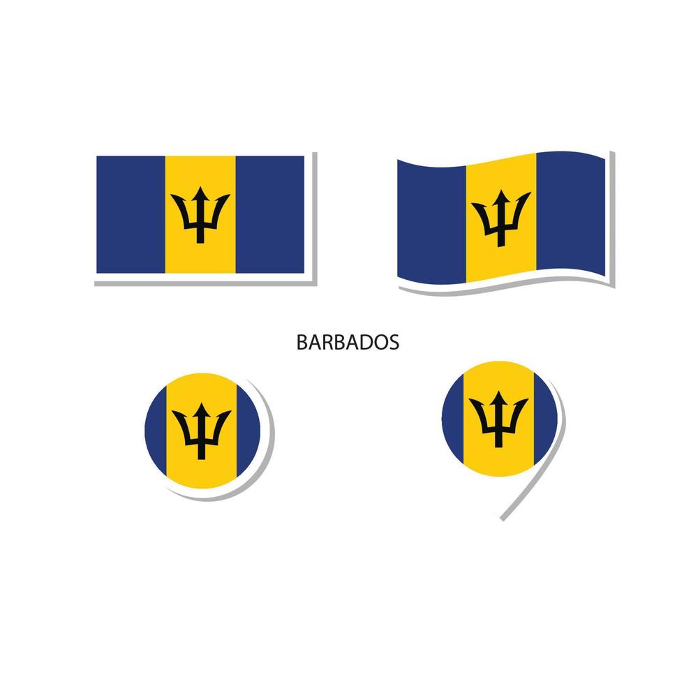 ensemble d'icônes du logo du drapeau de la barbade, icônes plates rectangulaires, forme circulaire, marqueur avec drapeaux. vecteur