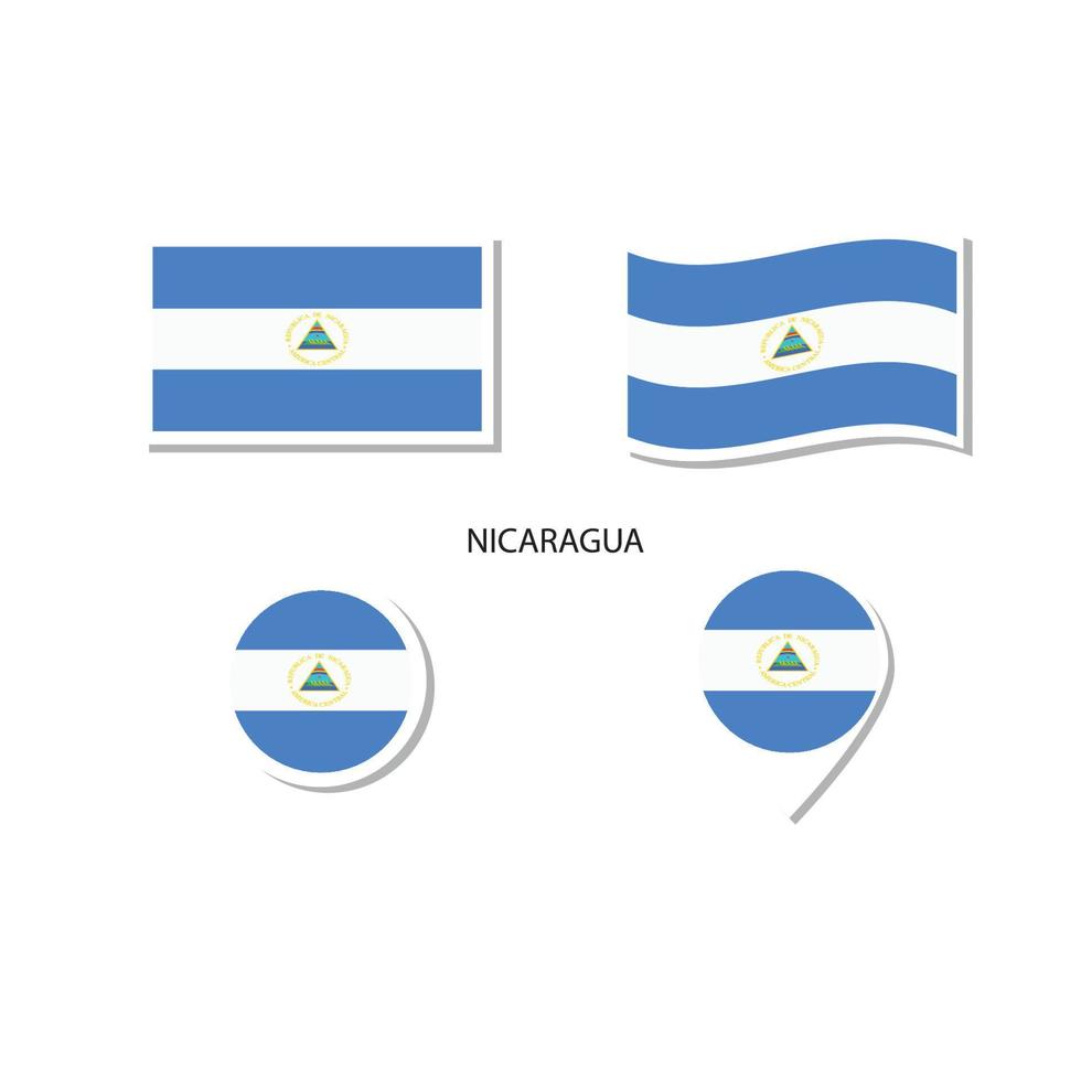 ensemble d'icônes du logo du drapeau nicaragua, icônes plates rectangulaires, forme circulaire, marqueur avec drapeaux. vecteur