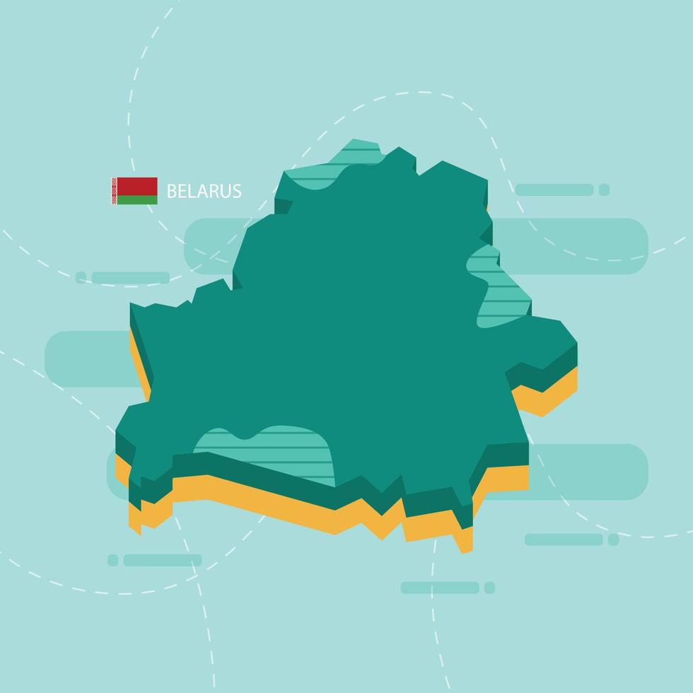 Carte vectorielle 3D de la Biélorussie avec le nom et le drapeau du pays sur fond vert clair et tiret. vecteur