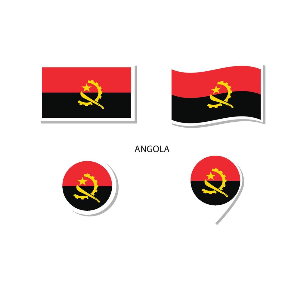 ensemble d'icônes du logo du drapeau angola, icônes plates rectangulaires, forme circulaire, marqueur avec drapeaux. vecteur