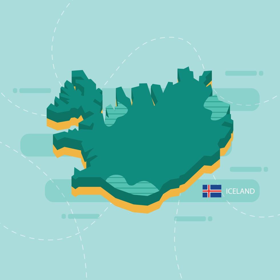carte vectorielle 3d de l'islande avec le nom et le drapeau du pays sur fond vert clair et tiret. vecteur